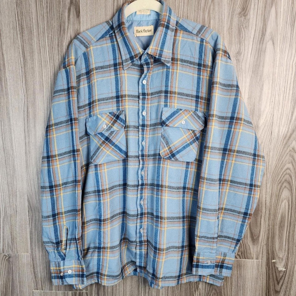 Vintage Back Packer Mens Blue Plaid Flannel Shirt Long Sleeve Acrylic Size L